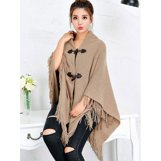 Lady Knitted Poncho Cape Wrap Shawl Floral Hollow Out Batwing Fringe Sweater Top